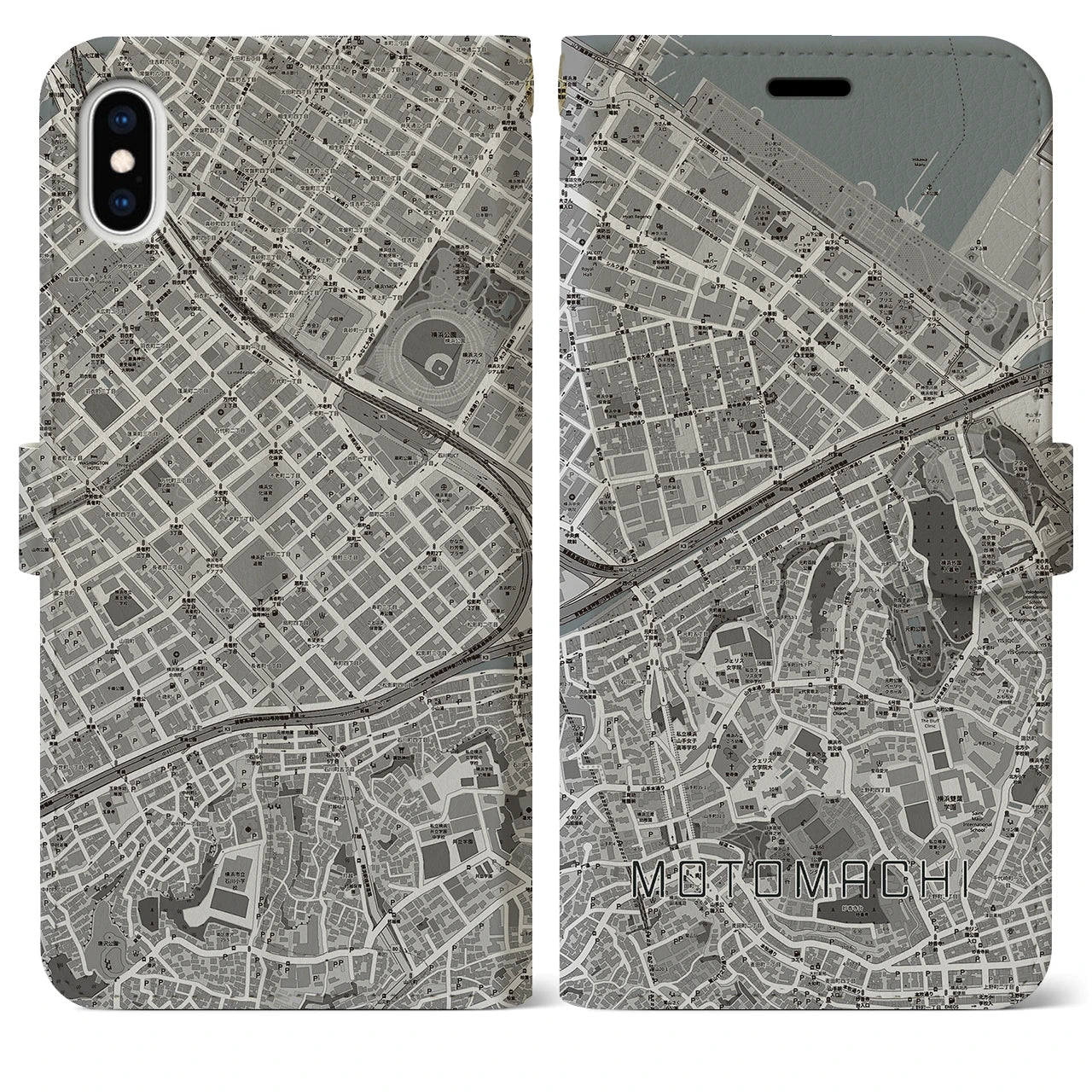 【元町(神奈川県)】地図柄iPhoneケース(手帳タイプ)モノトーン・iPhone XS Max 用