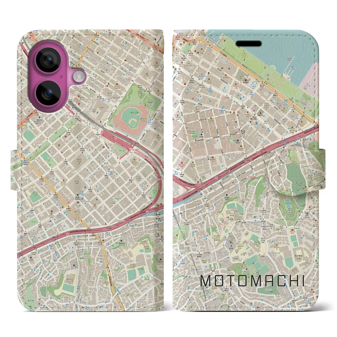 【元町(神奈川県)】地図柄iPhoneケース(手帳タイプ)ナチュラル・iPhone 16 Pro 用