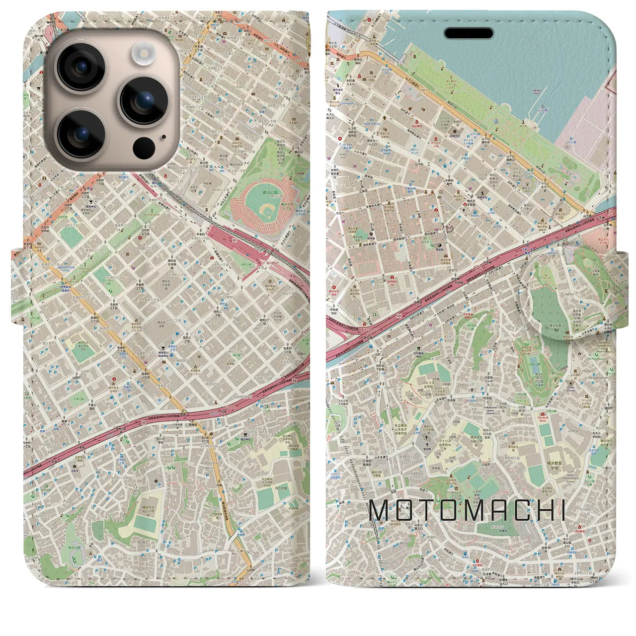 【元町(神奈川県)】地図柄iPhoneケース(手帳タイプ)ナチュラル・iPhone 16 Plus 用