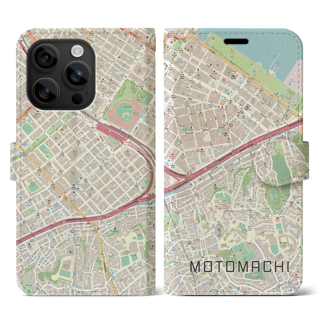 【元町(神奈川県)】地図柄iPhoneケース(手帳タイプ)ナチュラル・iPhone 16 用