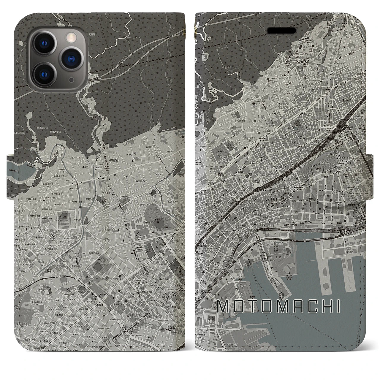 【元町(兵庫県)】地図柄iPhoneケース(手帳タイプ)モノトーン・iPhone 11 Pro Max 用