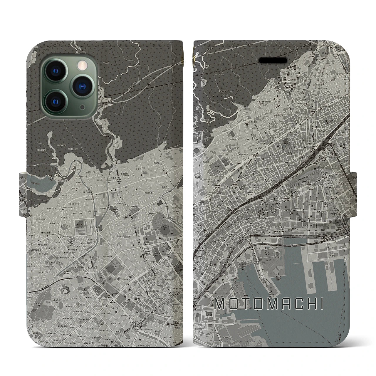 【元町(兵庫県)】地図柄iPhoneケース(手帳タイプ)モノトーン・iPhone 11 Pro 用