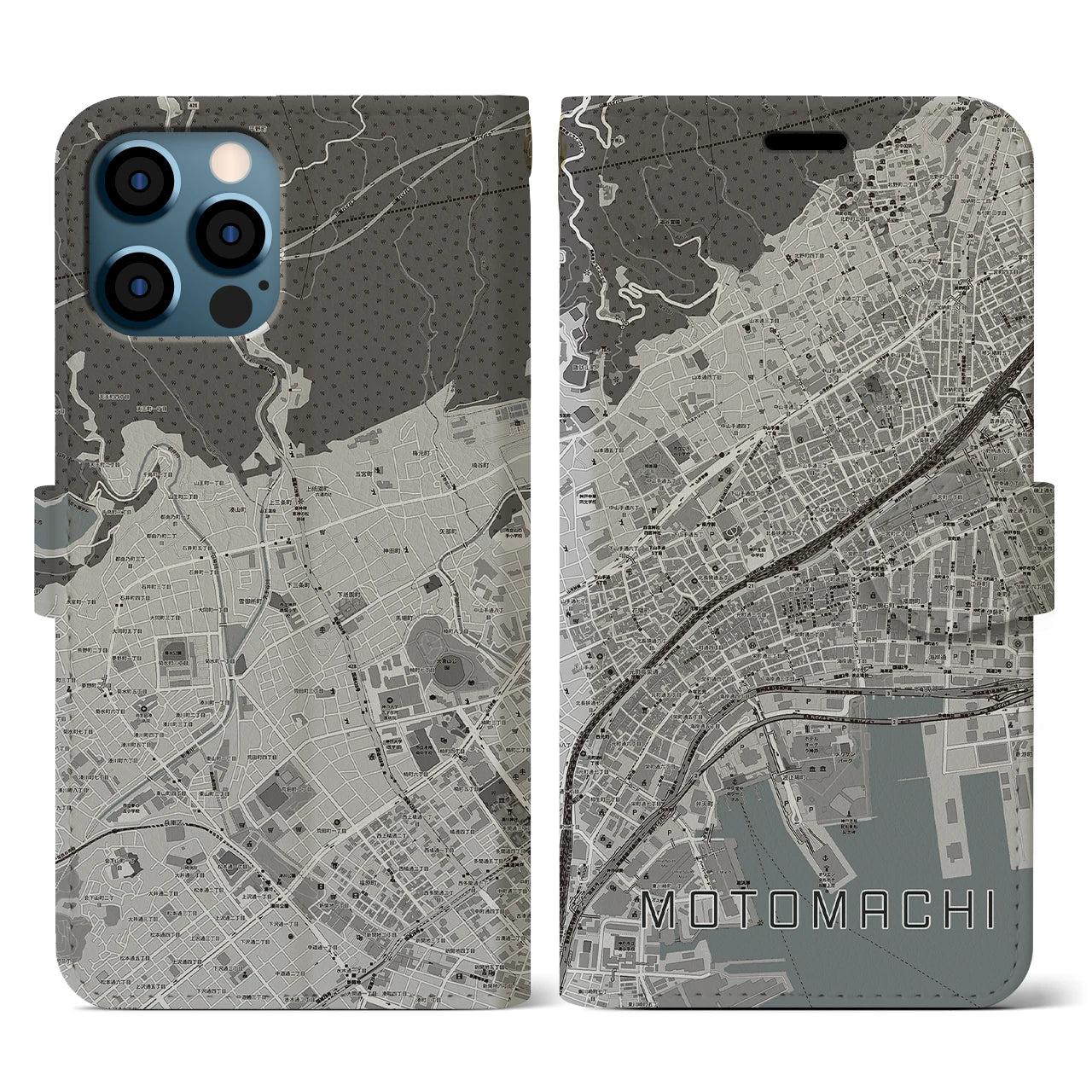 【元町(兵庫県)】地図柄iPhoneケース(手帳タイプ)モノトーン・iPhone 12 / 12 Pro 用