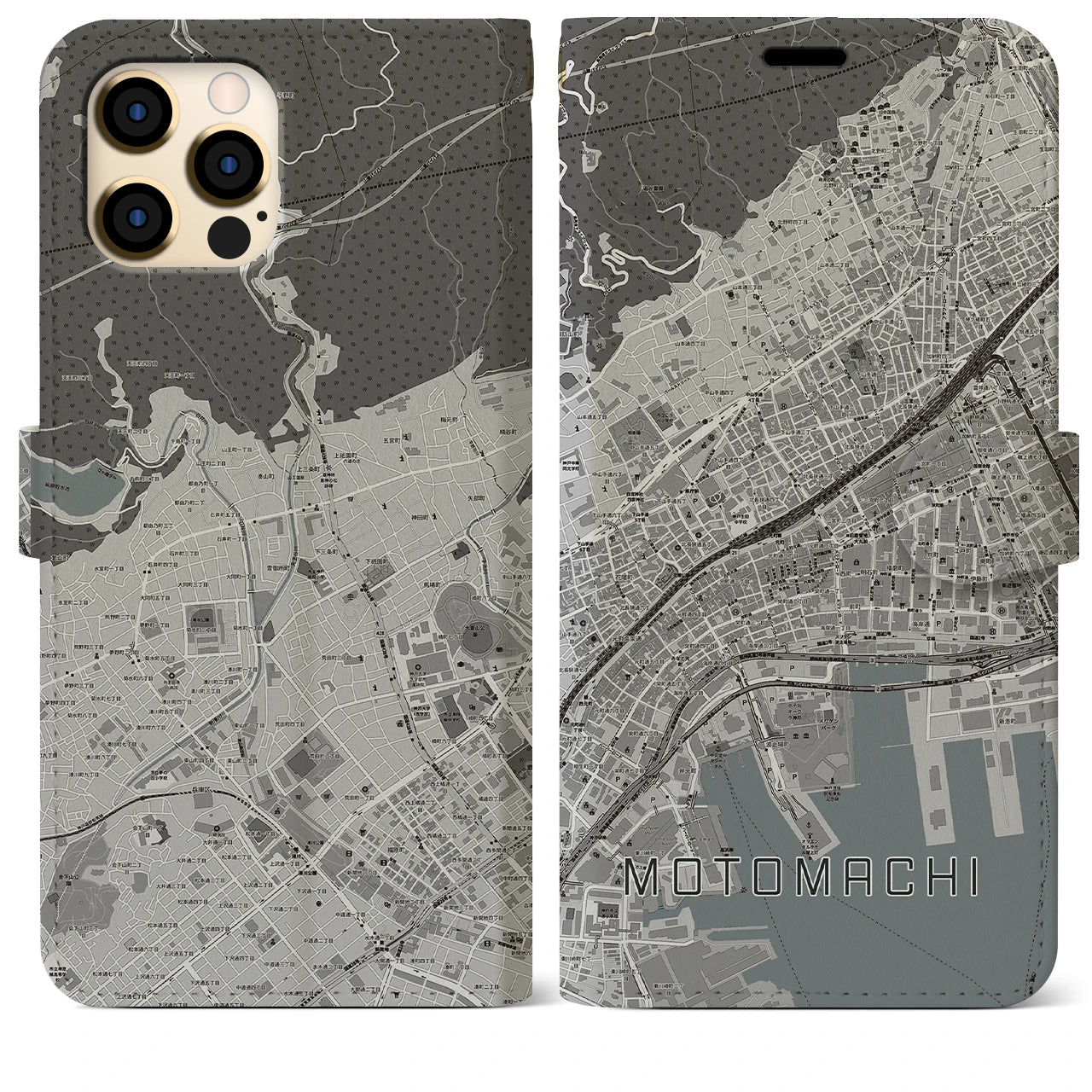 【元町(兵庫県)】地図柄iPhoneケース(手帳タイプ)モノトーン・iPhone 12 Pro Max 用