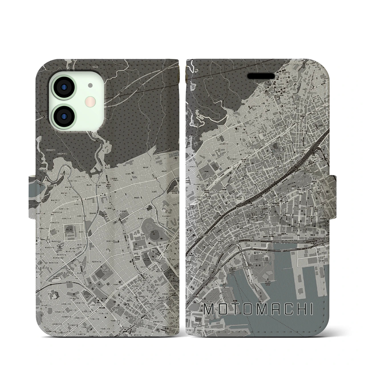 【元町(兵庫県)】地図柄iPhoneケース(手帳タイプ)モノトーン・iPhone 12 mini 用