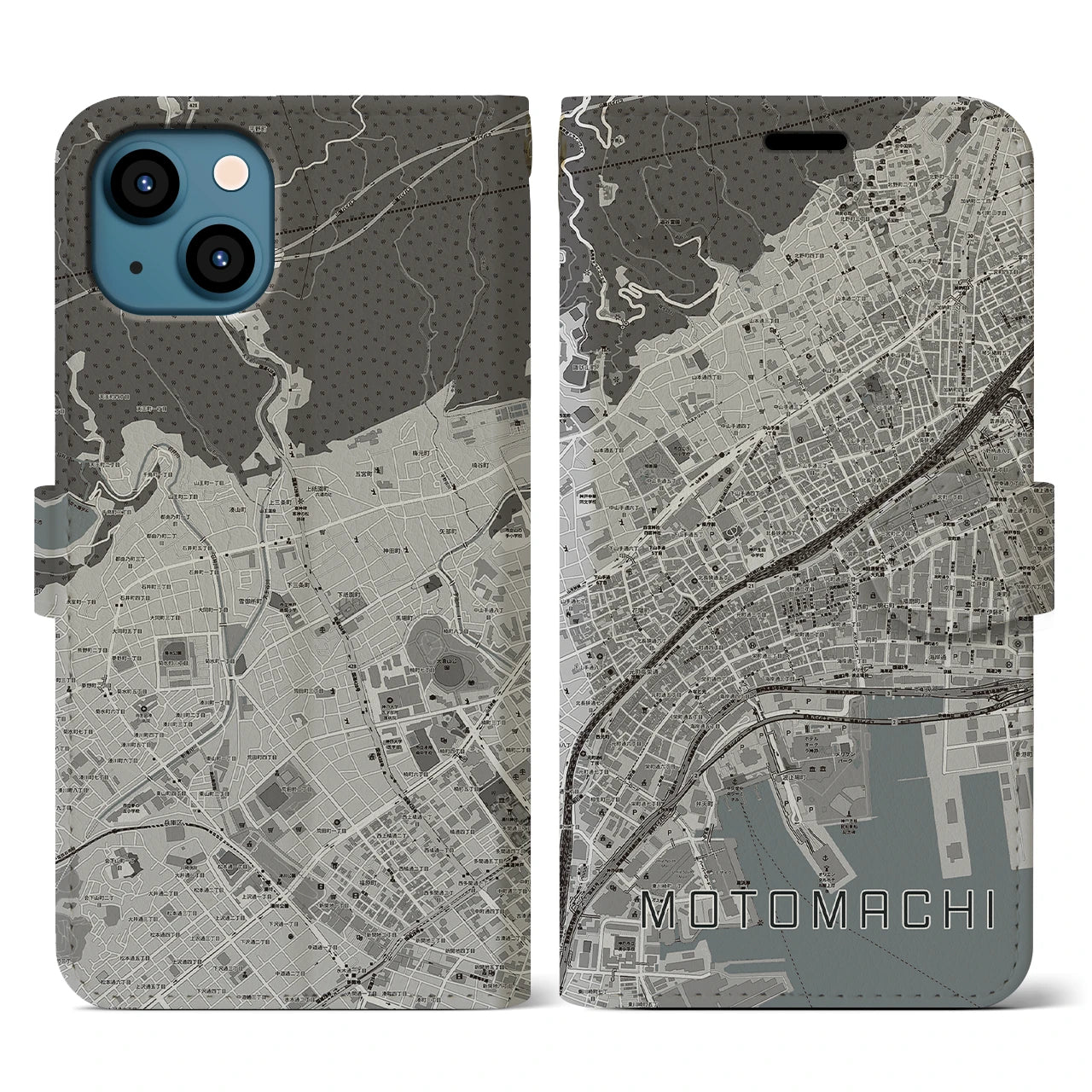 【元町(兵庫県)】地図柄iPhoneケース(手帳タイプ)モノトーン・iPhone 13 用