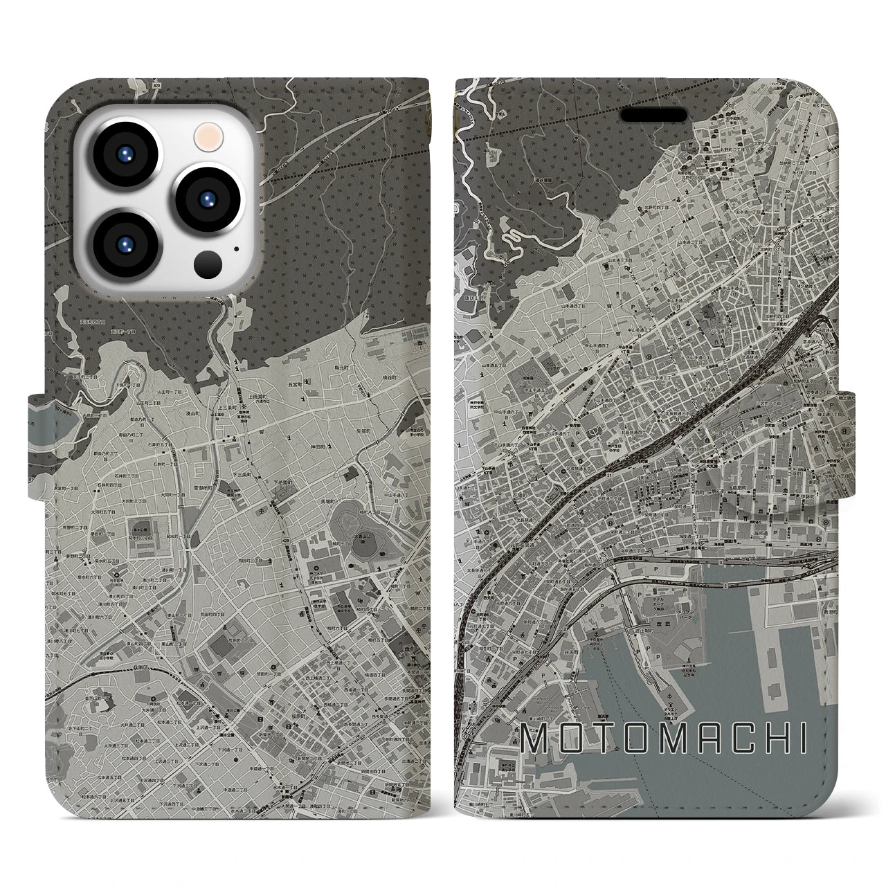 【元町(兵庫県)】地図柄iPhoneケース(手帳タイプ)モノトーン・iPhone 13 Pro 用
