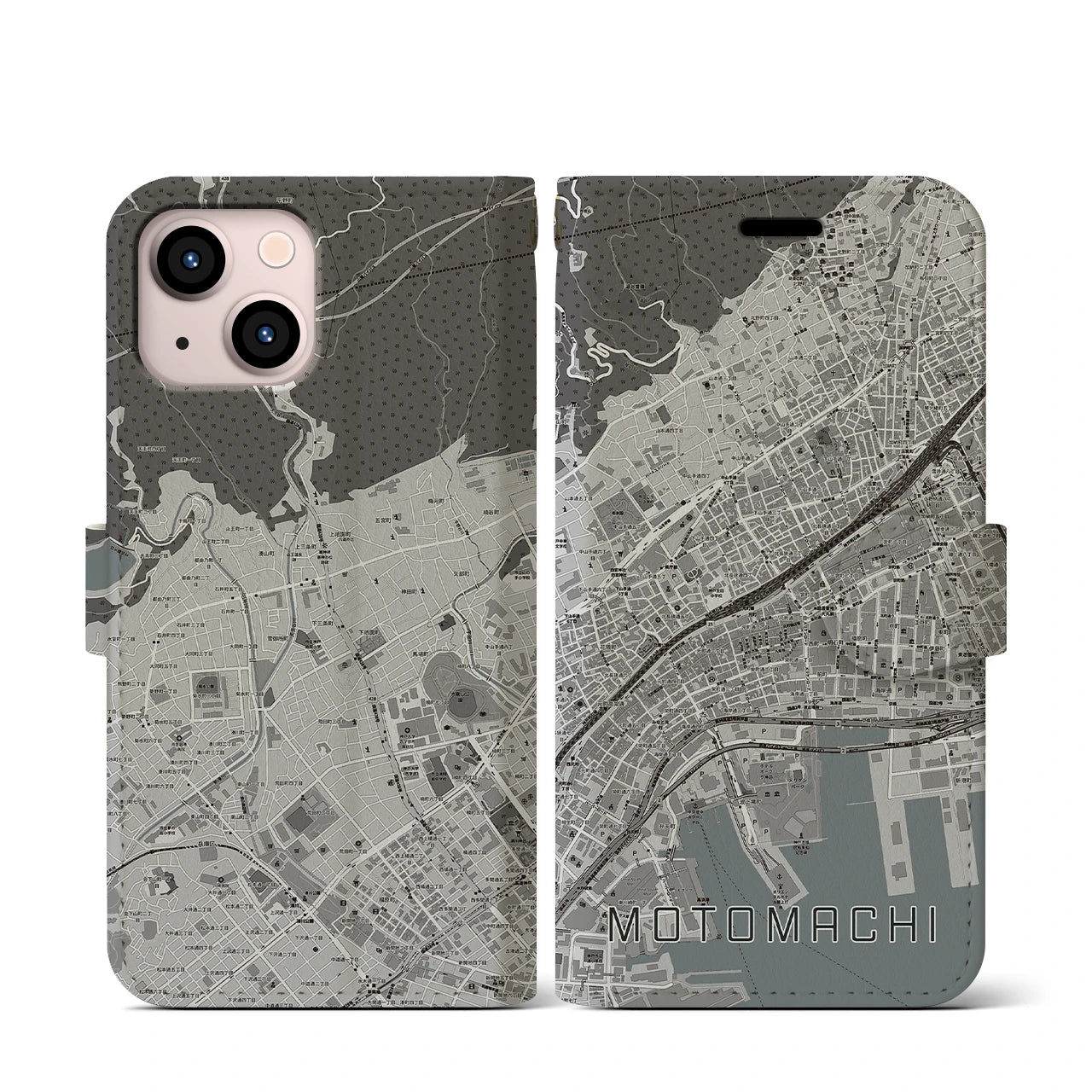 【元町(兵庫県)】地図柄iPhoneケース(手帳タイプ)モノトーン・iPhone 13 mini 用