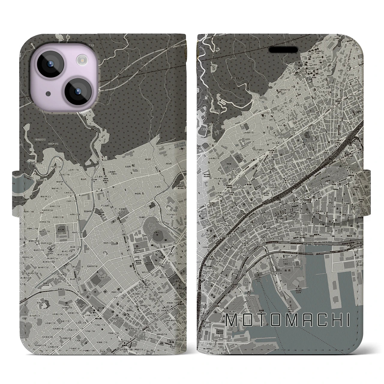 【元町(兵庫県)】地図柄iPhoneケース(手帳タイプ)モノトーン・iPhone 14 用