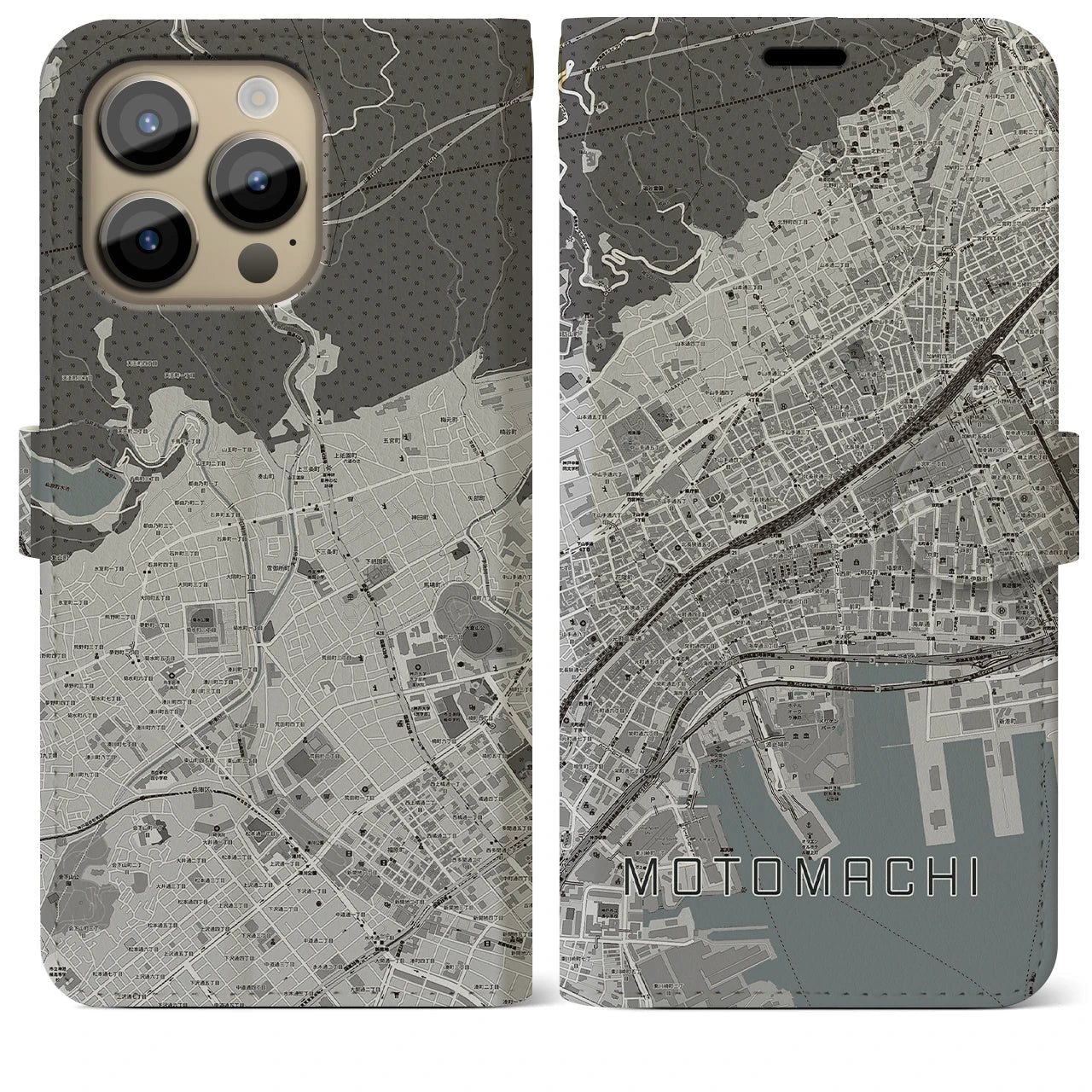 【元町(兵庫県)】地図柄iPhoneケース(手帳タイプ)モノトーン・iPhone 14 Pro Max 用