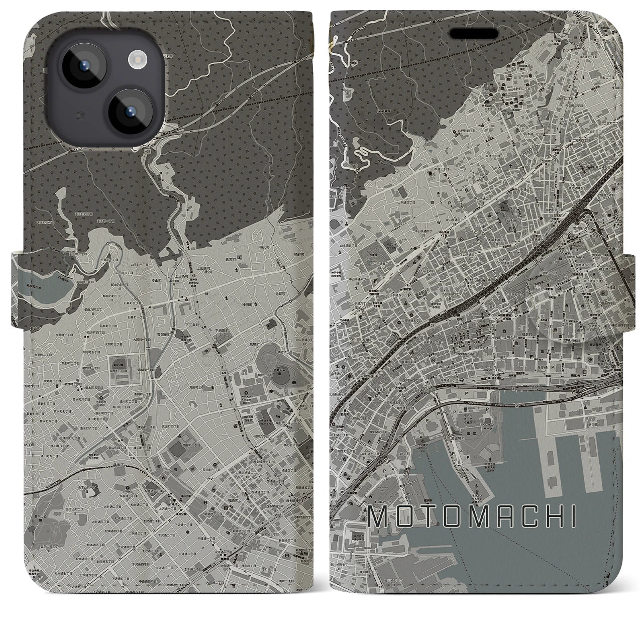 【元町(兵庫県)】地図柄iPhoneケース(手帳タイプ)モノトーン・iPhone 14 Plus 用