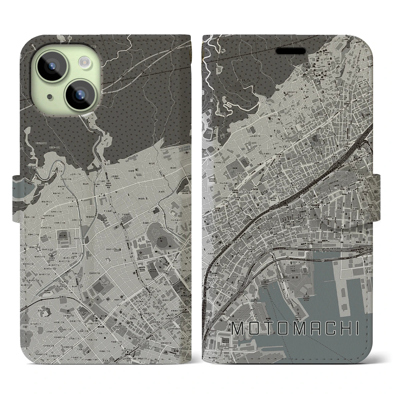 【元町(兵庫県)】地図柄iPhoneケース(手帳タイプ)モノトーン・iPhone 15 用