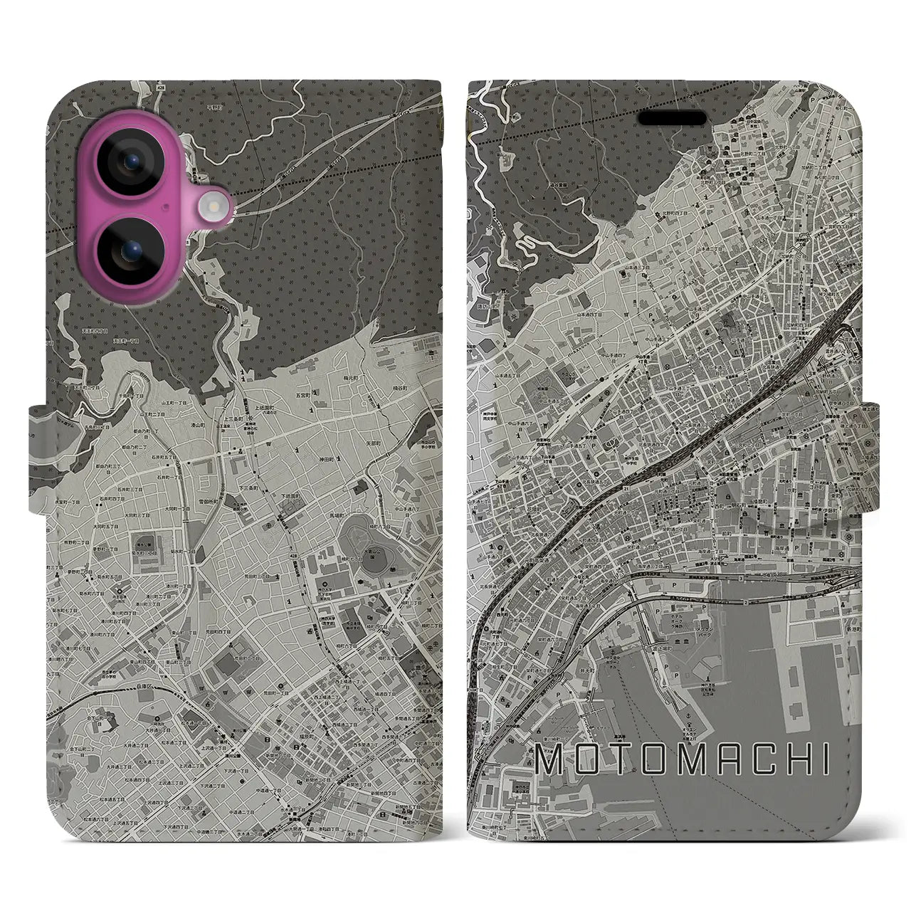 【元町(兵庫県)】地図柄iPhoneケース(手帳タイプ)モノトーン・iPhone 16 Pro 用