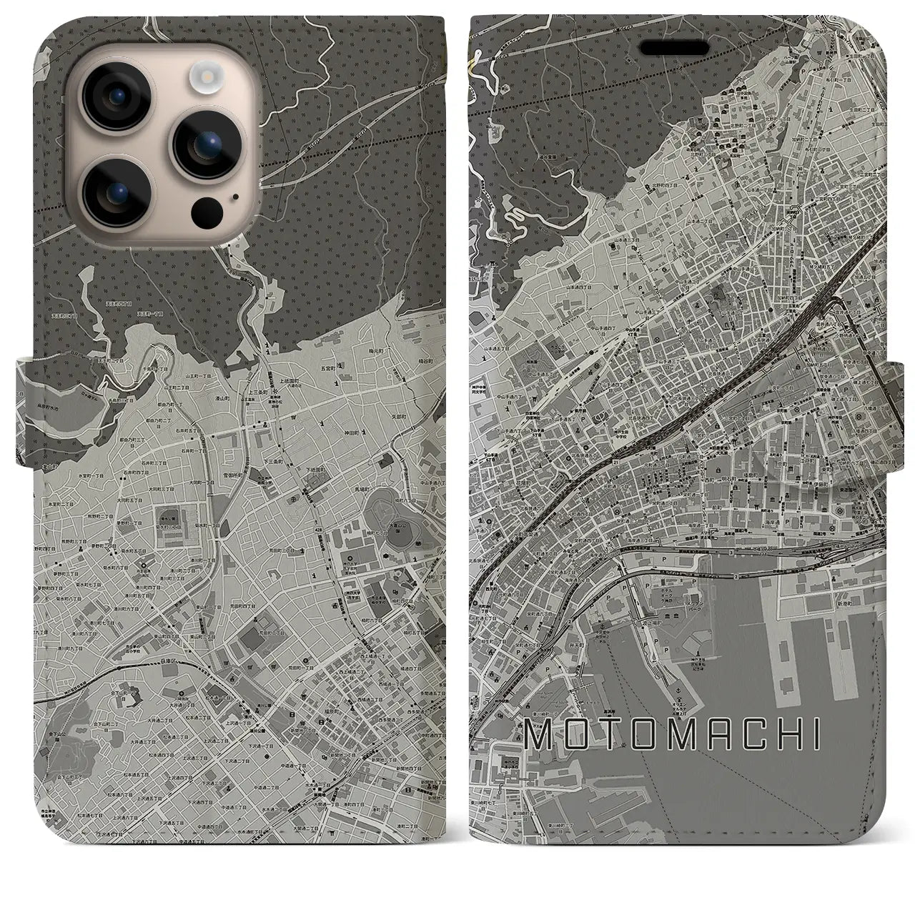 【元町(兵庫県)】地図柄iPhoneケース(手帳タイプ)モノトーン・iPhone 16 Plus 用