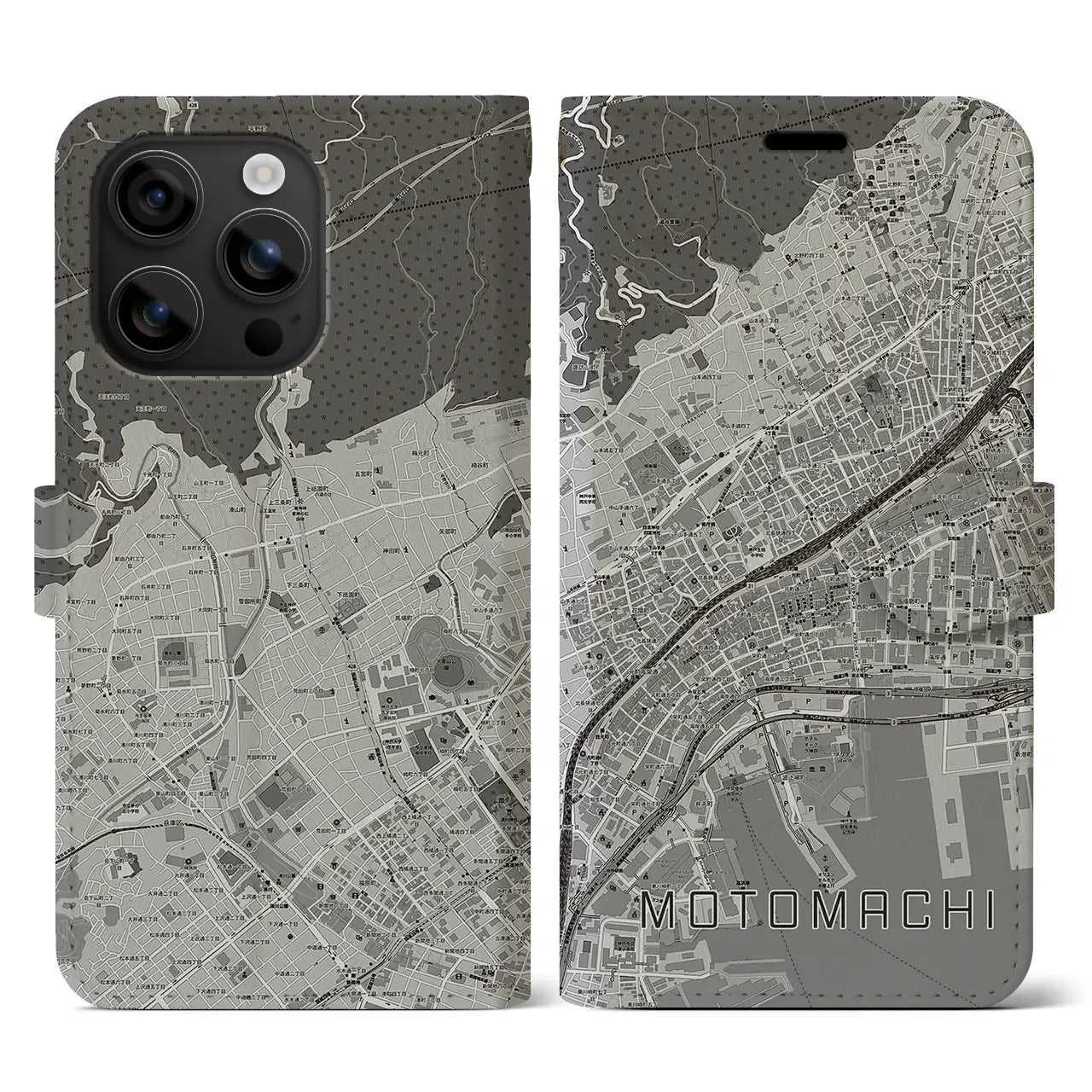 【元町(兵庫県)】地図柄iPhoneケース(手帳タイプ)モノトーン・iPhone 16 用