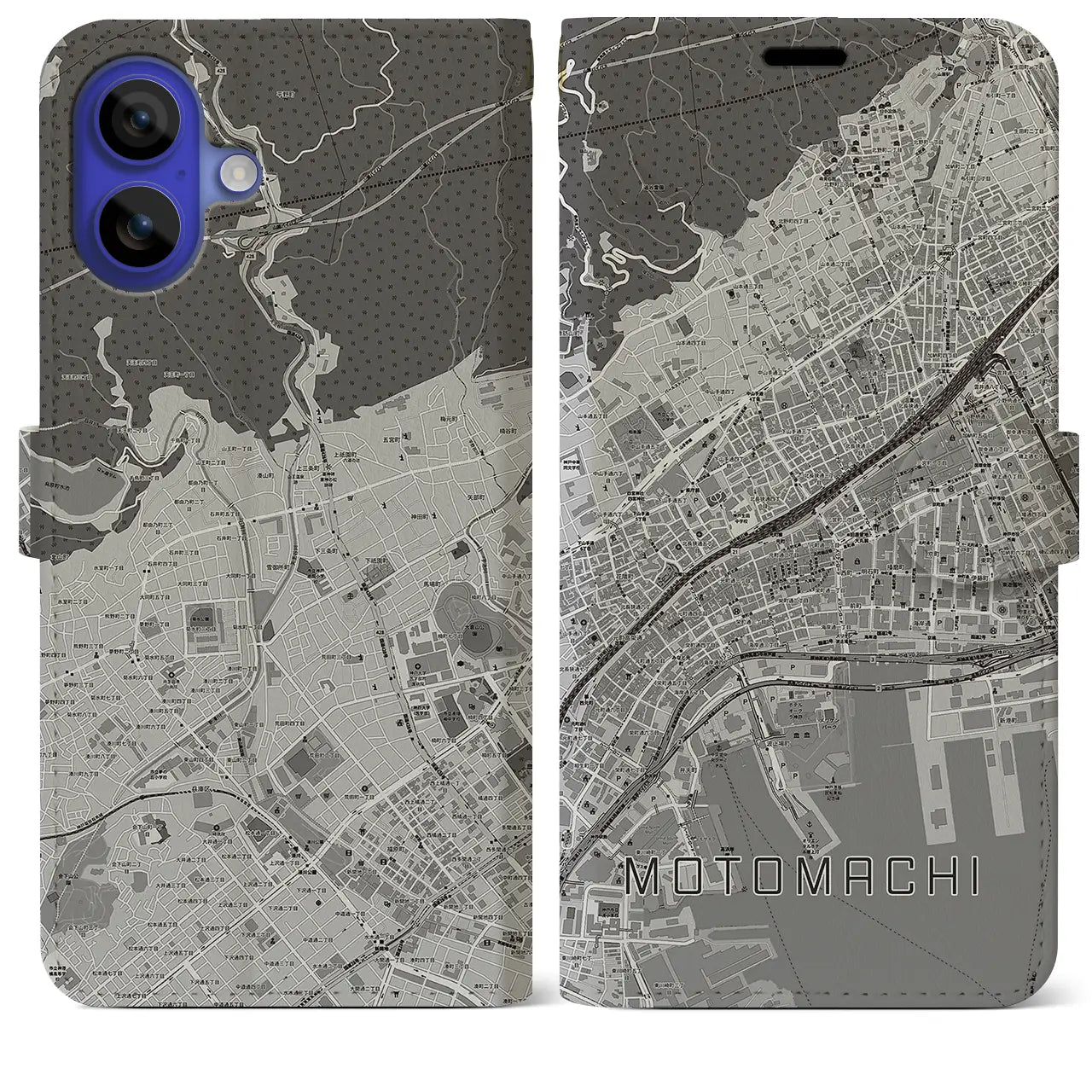 【元町(兵庫県)】地図柄iPhoneケース(手帳タイプ)モノトーン・iPhone 16 Pro Max 用