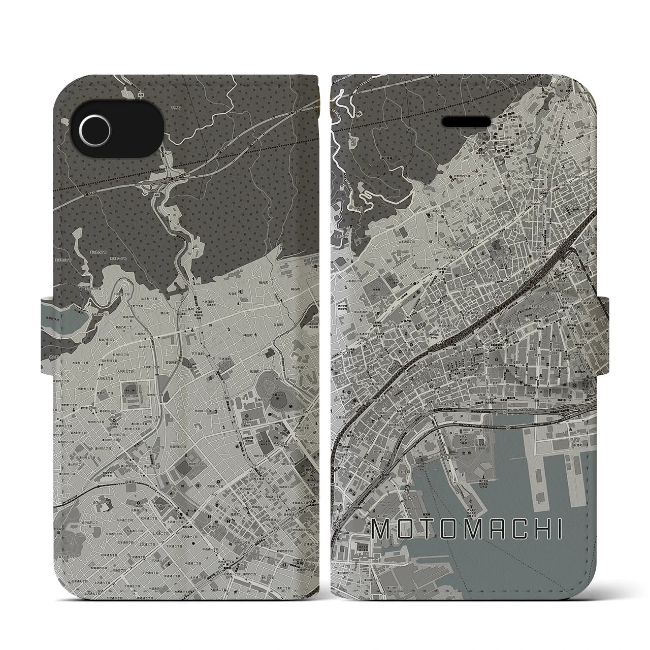 【元町(兵庫県)】地図柄iPhoneケース(手帳タイプ)モノトーン・iPhone SE(第3 / 第2世代) / 8 / 7 / 6s / 6 用