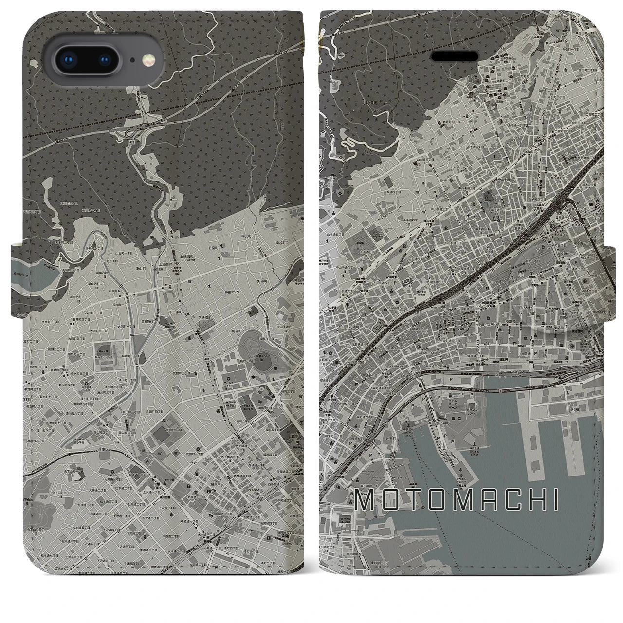【元町(兵庫県)】地図柄iPhoneケース(手帳タイプ)モノトーン・iPhone 8Plus /7Plus / 6sPlus / 6Plus 用