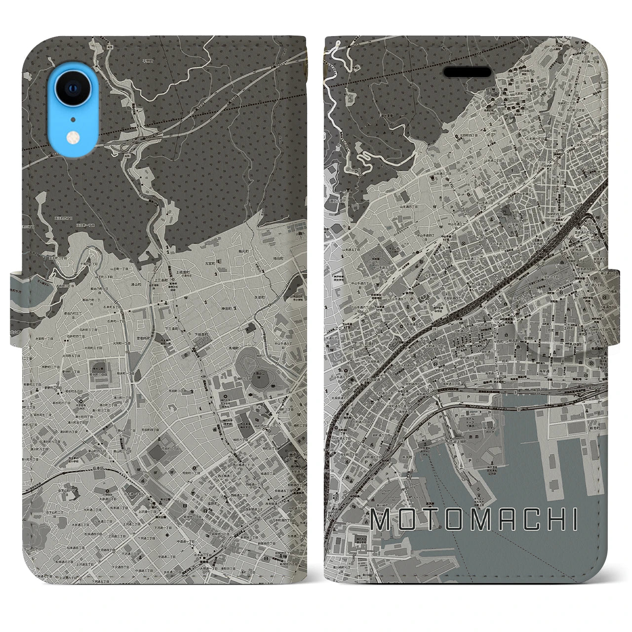 【元町(兵庫県)】地図柄iPhoneケース(手帳タイプ)モノトーン・iPhone XR 用
