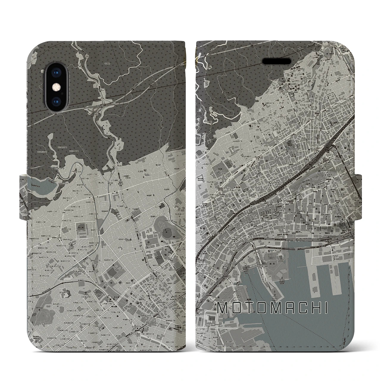 【元町(兵庫県)】地図柄iPhoneケース(手帳タイプ)モノトーン・iPhone XS / X 用