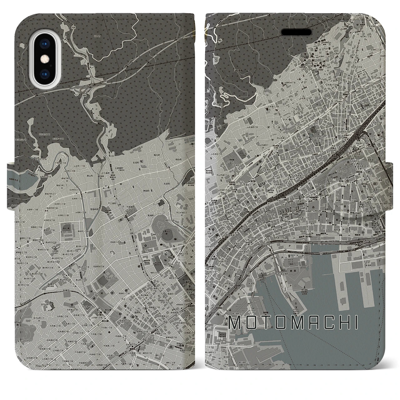 【元町(兵庫県)】地図柄iPhoneケース(手帳タイプ)モノトーン・iPhone XS Max 用