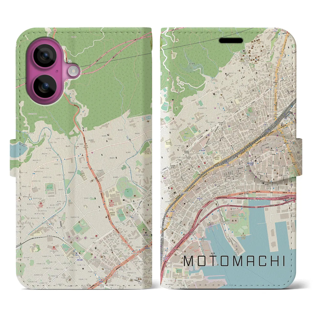 【元町(兵庫県)】地図柄iPhoneケース(手帳タイプ)ナチュラル・iPhone 16 Pro 用