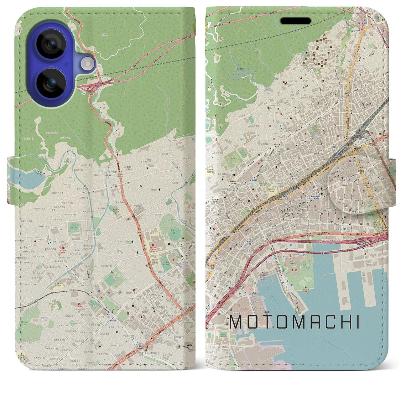 【元町(兵庫県)】地図柄iPhoneケース(手帳タイプ)ナチュラル・iPhone 16 Pro Max 用