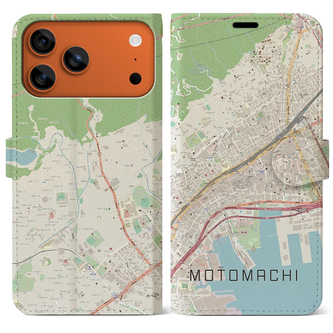 【元町(兵庫県)】地図柄iPhoneケース(手帳タイプ)ナチュラル・iPhone 17 Pro Max 用