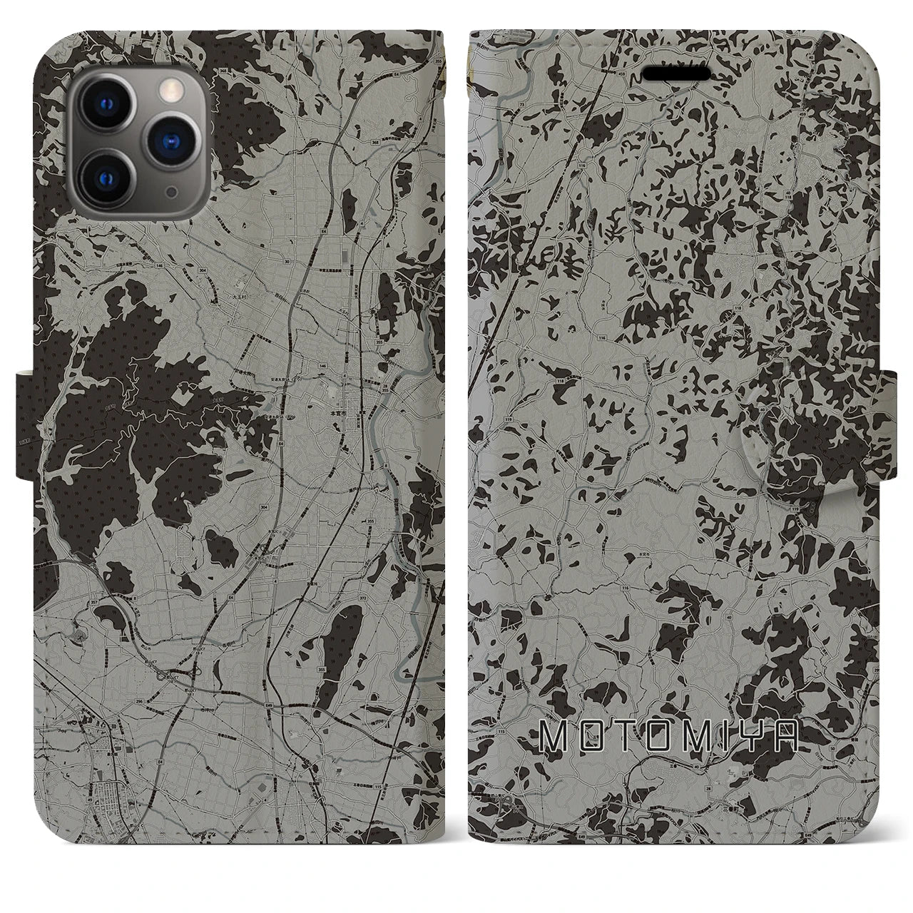 【本宮(福島県)】地図柄iPhoneケース(手帳タイプ)モノトーン・iPhone 11 Pro Max 用