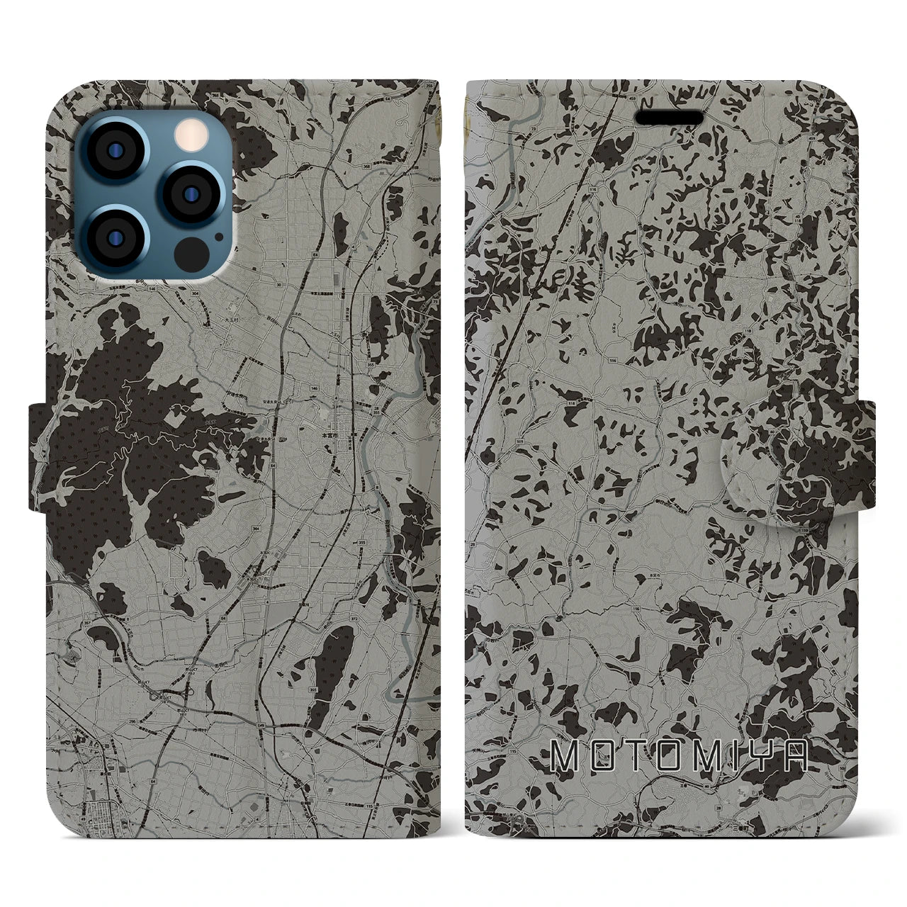 【本宮(福島県)】地図柄iPhoneケース(手帳タイプ)モノトーン・iPhone 12 / 12 Pro 用