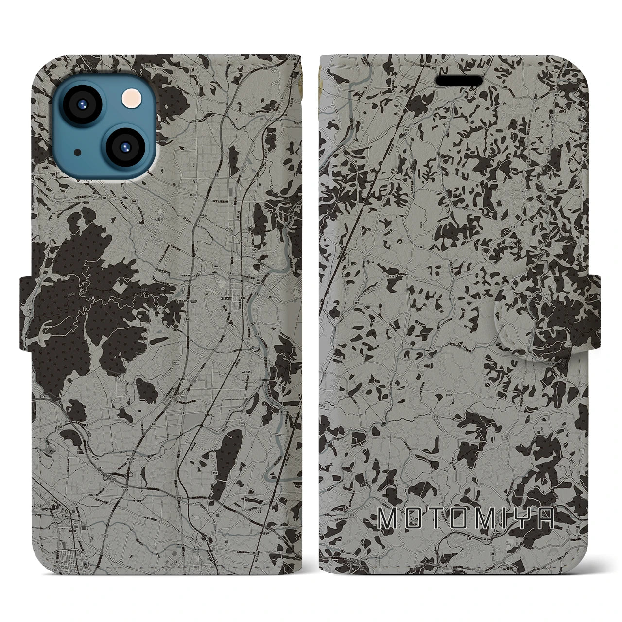 【本宮(福島県)】地図柄iPhoneケース(手帳タイプ)モノトーン・iPhone 13 用