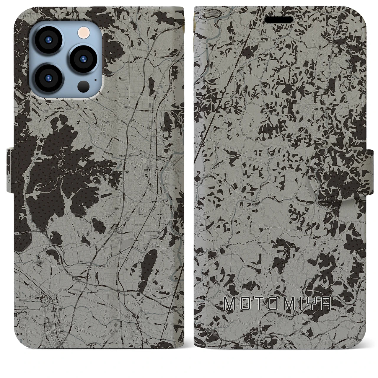 【本宮(福島県)】地図柄iPhoneケース(手帳タイプ)モノトーン・iPhone 13 Pro Max 用