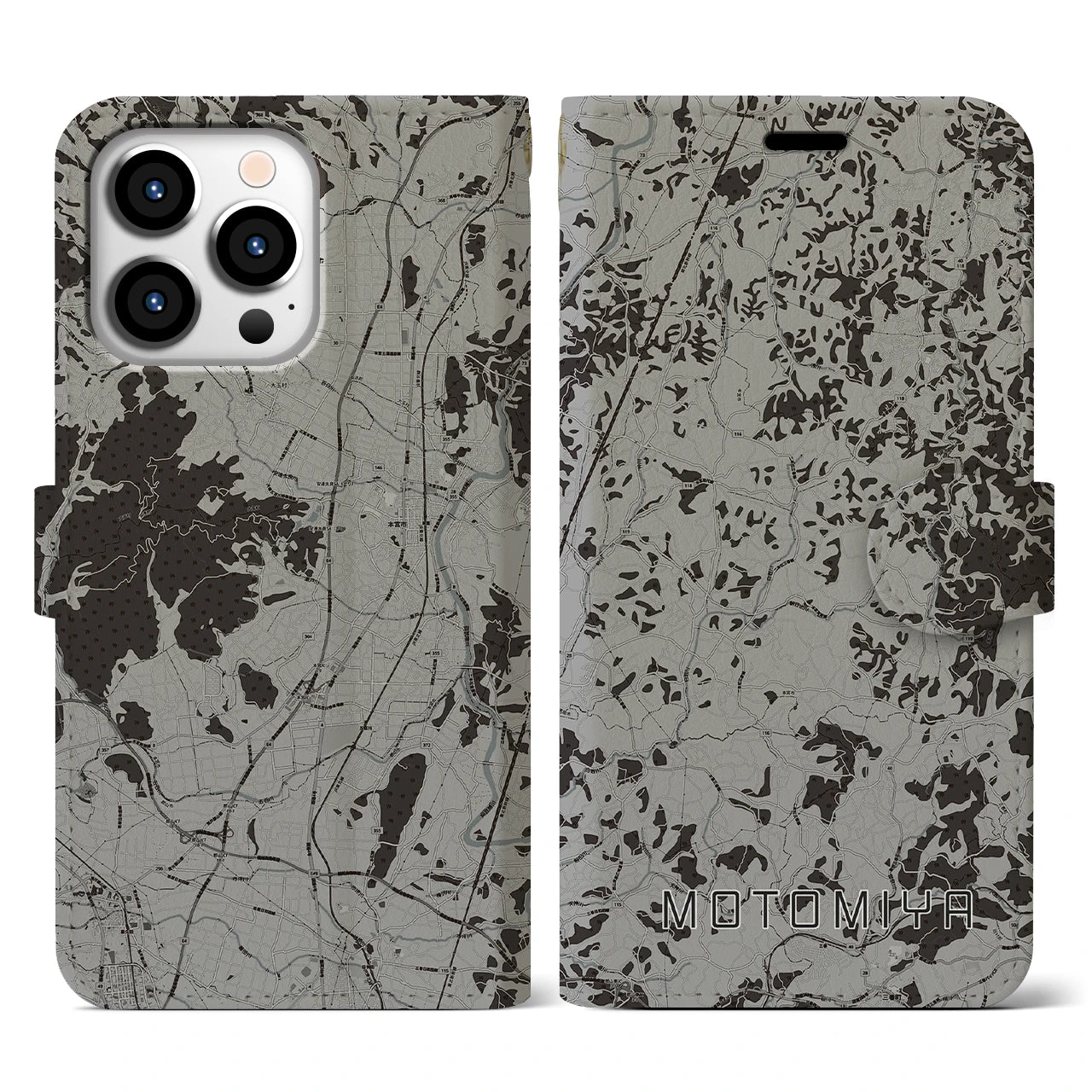 【本宮(福島県)】地図柄iPhoneケース(手帳タイプ)モノトーン・iPhone 13 Pro 用