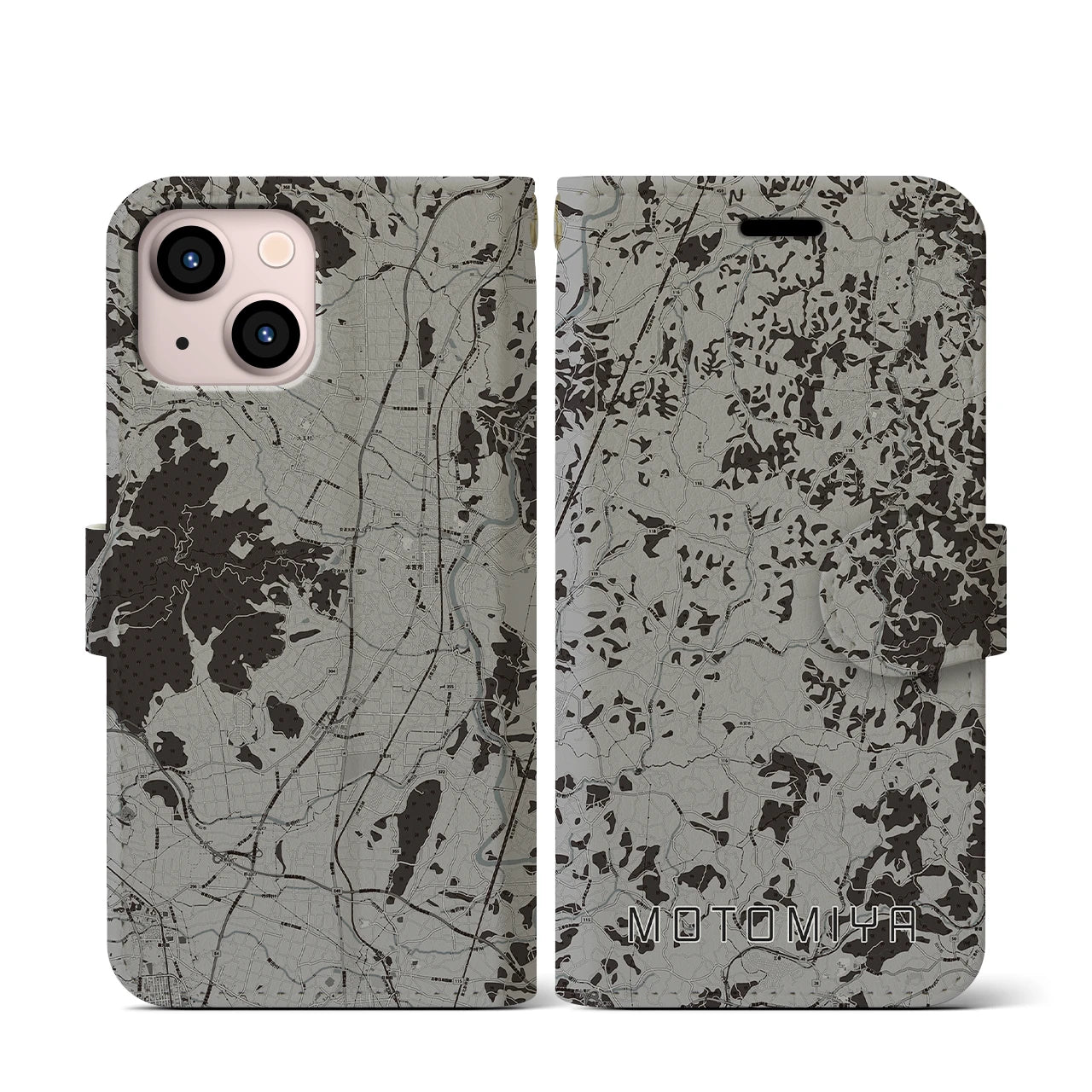【本宮(福島県)】地図柄iPhoneケース(手帳タイプ)モノトーン・iPhone 13 mini 用
