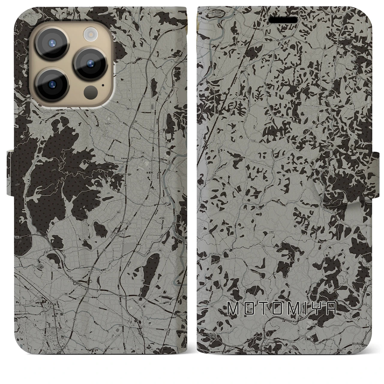 【本宮(福島県)】地図柄iPhoneケース(手帳タイプ)モノトーン・iPhone 14 Pro Max 用