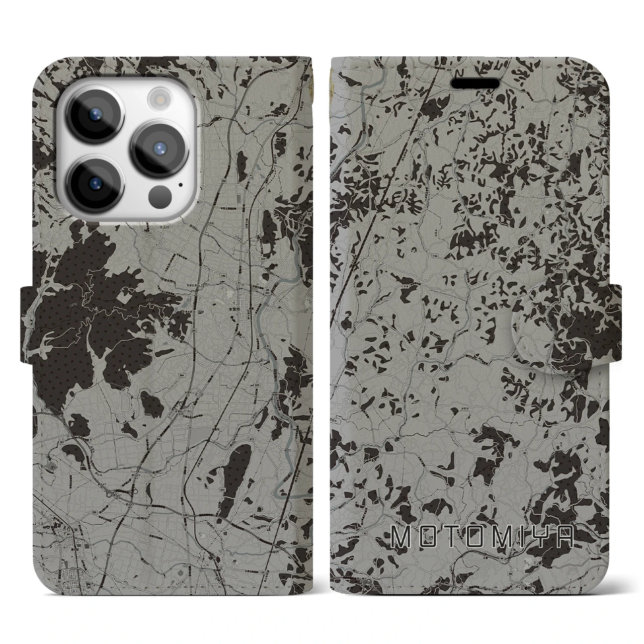 【本宮(福島県)】地図柄iPhoneケース(手帳タイプ)モノトーン・iPhone 14 Pro 用