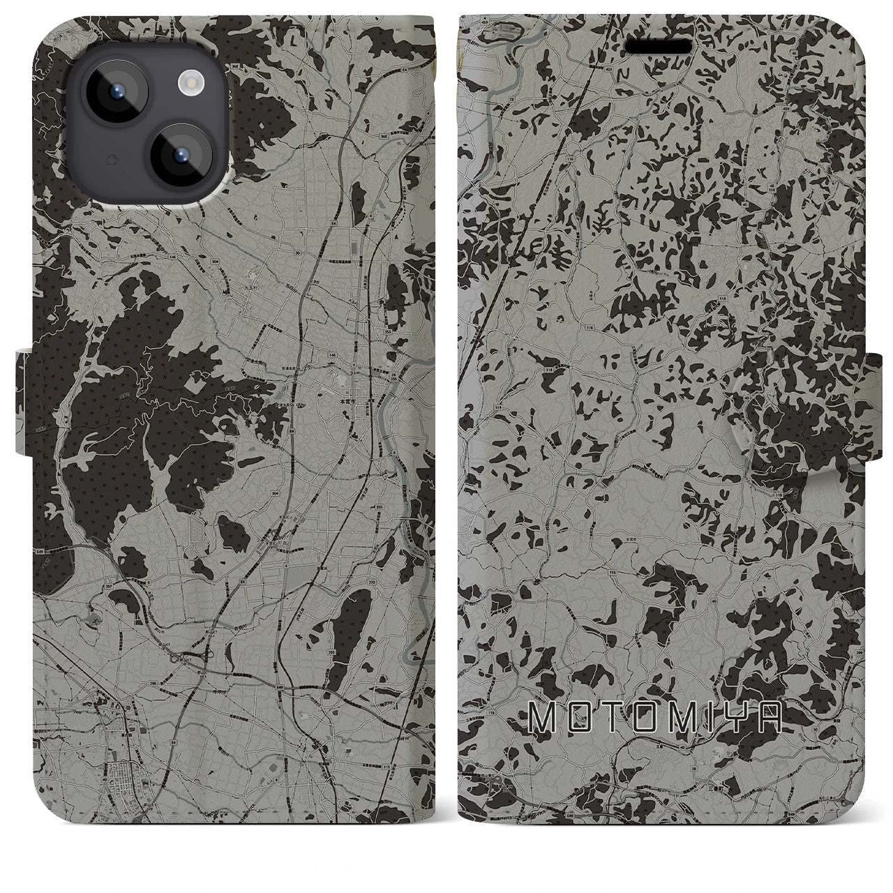 【本宮(福島県)】地図柄iPhoneケース(手帳タイプ)モノトーン・iPhone 14 Plus 用