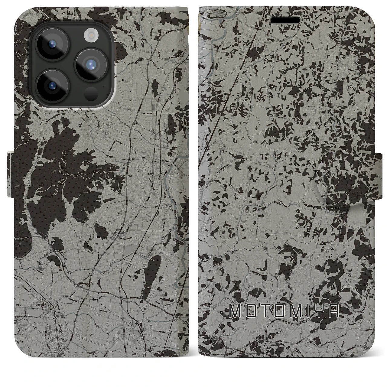 【本宮(福島県)】地図柄iPhoneケース(手帳タイプ)モノトーン・iPhone 15 Pro Max 用