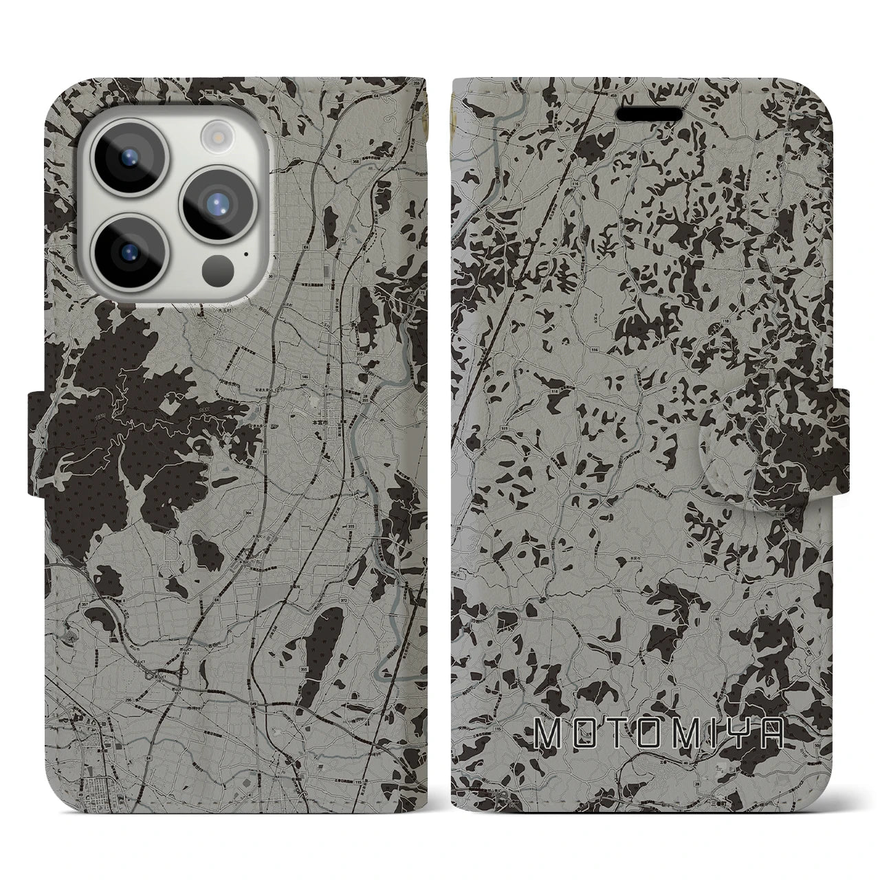 【本宮(福島県)】地図柄iPhoneケース(手帳タイプ)モノトーン・iPhone 15 Pro 用