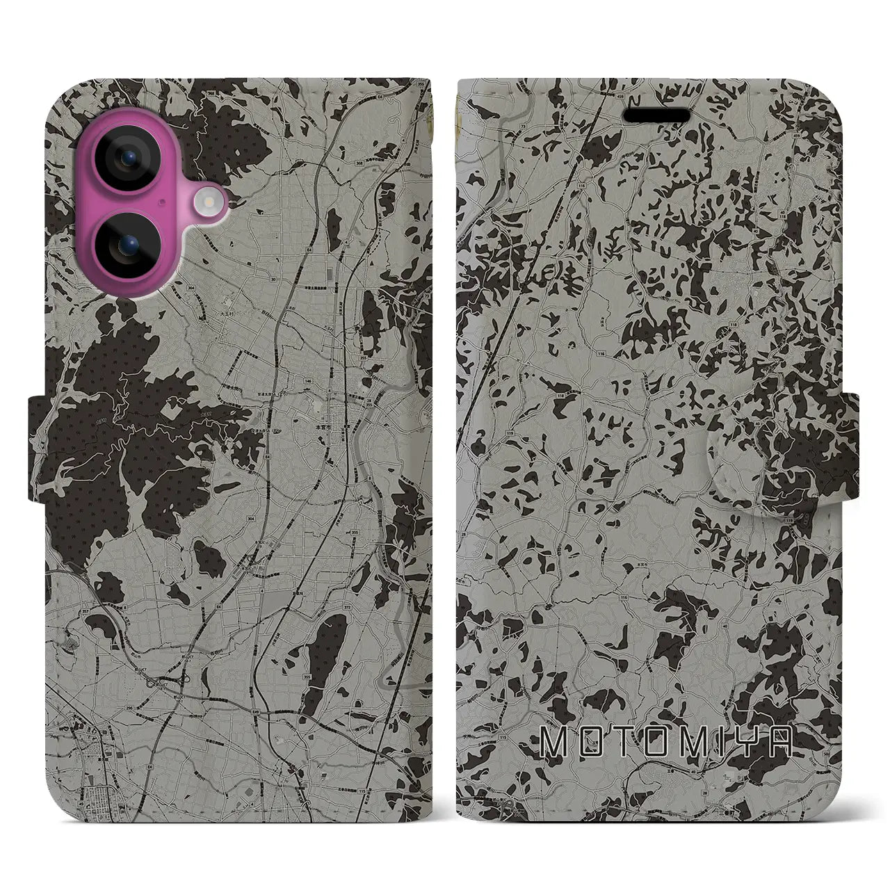 【本宮(福島県)】地図柄iPhoneケース(手帳タイプ)モノトーン・iPhone 16 Pro 用