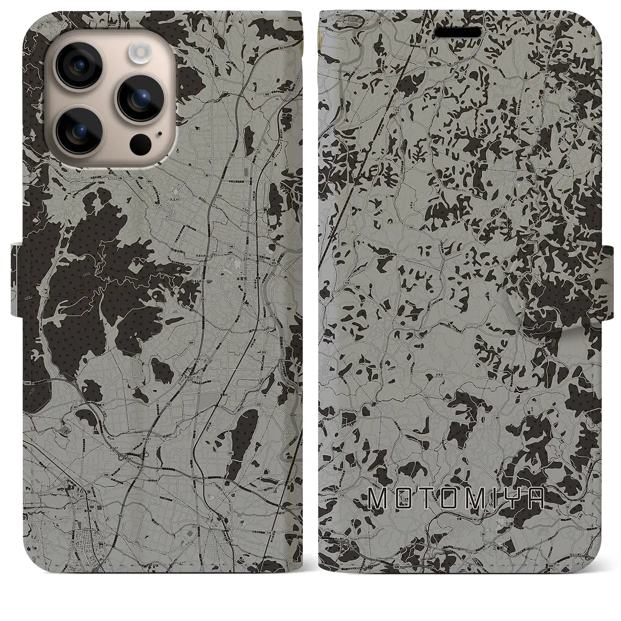 【本宮(福島県)】地図柄iPhoneケース(手帳タイプ)モノトーン・iPhone 16 Plus 用