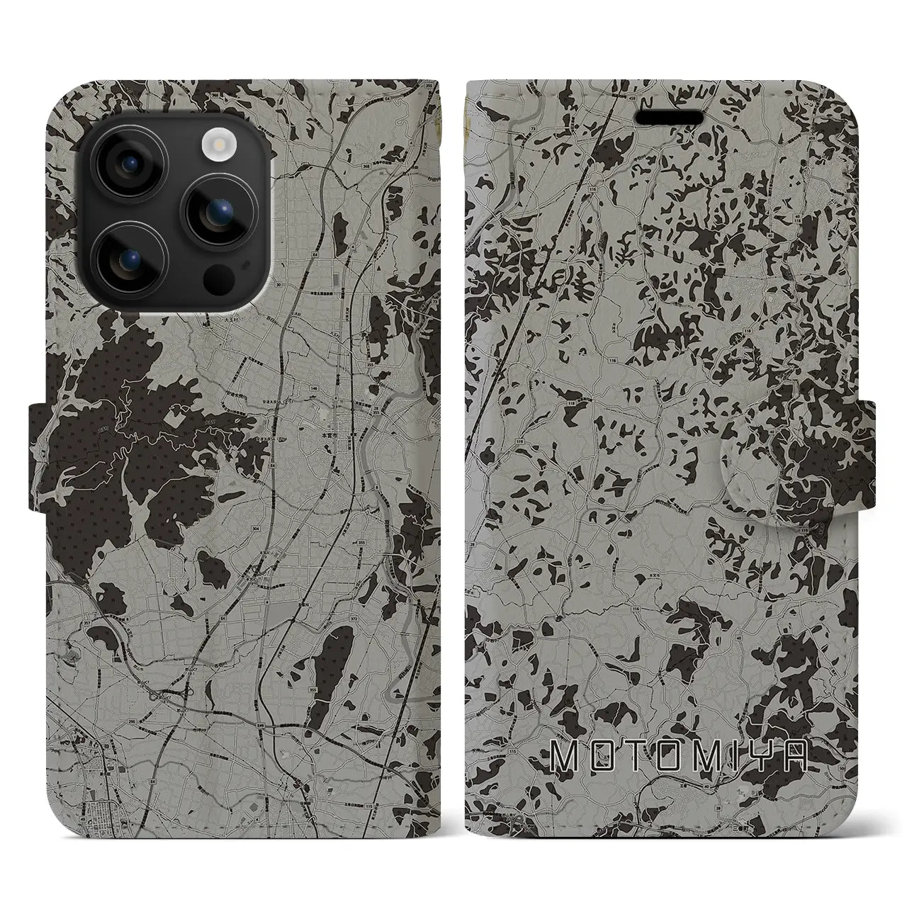 【本宮(福島県)】地図柄iPhoneケース(手帳タイプ)モノトーン・iPhone 16 用