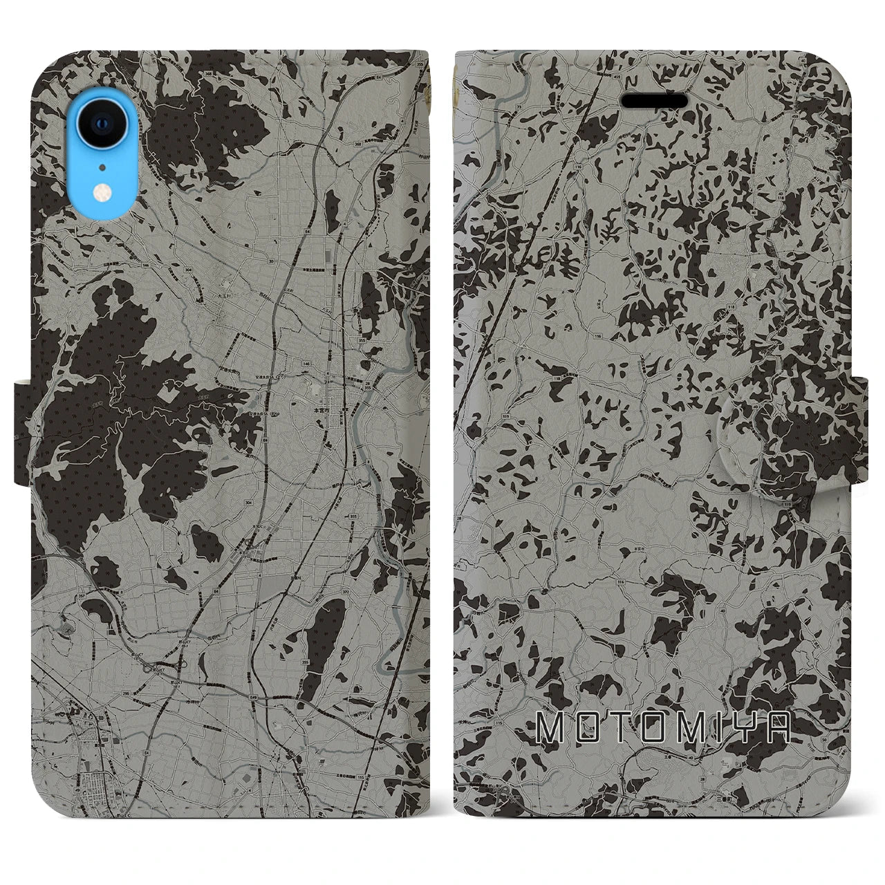 【本宮(福島県)】地図柄iPhoneケース(手帳タイプ)モノトーン・iPhone XR 用