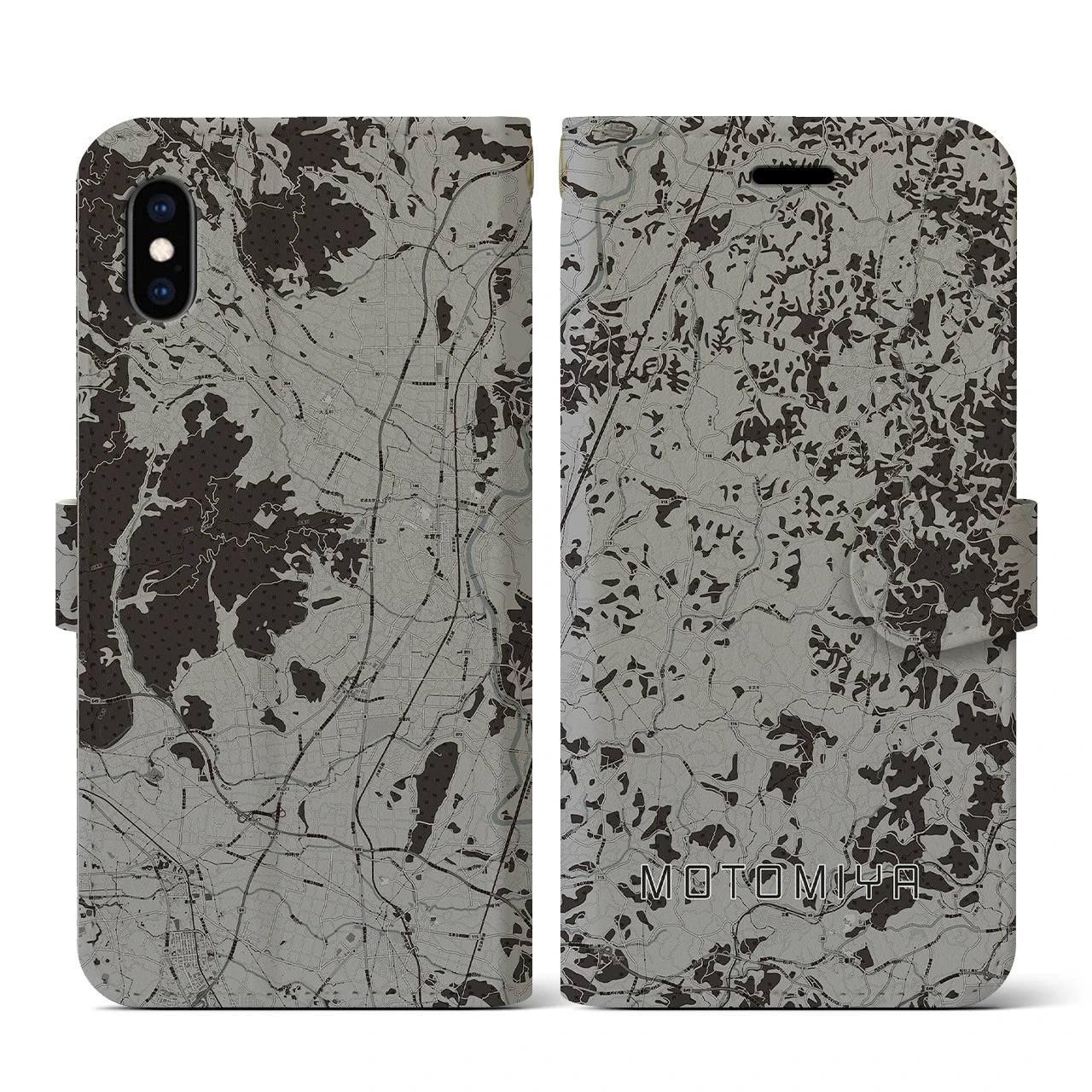 【本宮(福島県)】地図柄iPhoneケース(手帳タイプ)モノトーン・iPhone XS / X 用