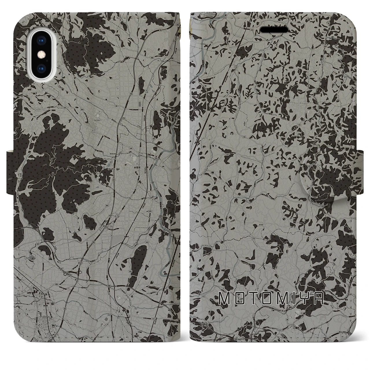 【本宮(福島県)】地図柄iPhoneケース(手帳タイプ)モノトーン・iPhone XS Max 用