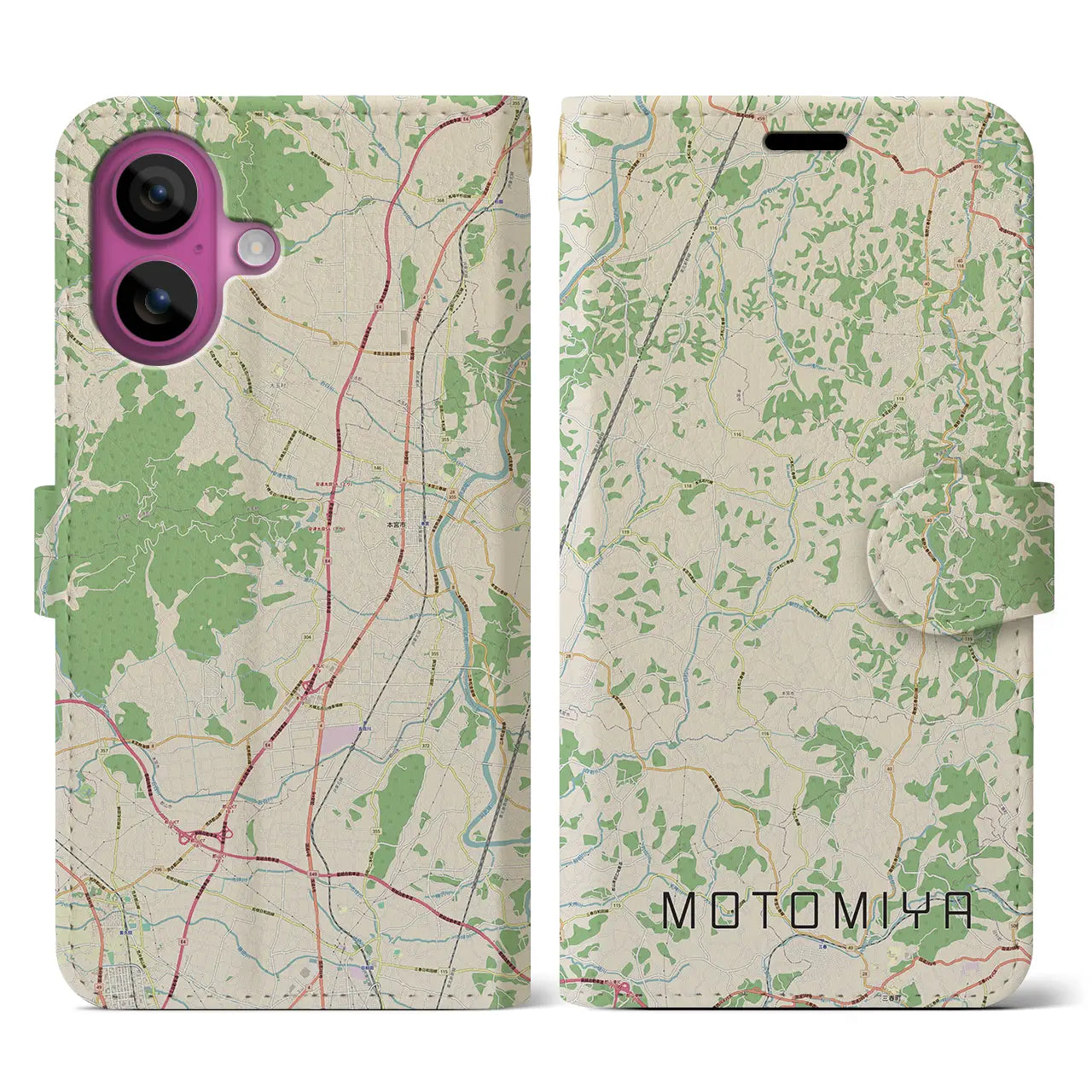 【本宮(福島県)】地図柄iPhoneケース(手帳タイプ)ナチュラル・iPhone 16 Pro 用