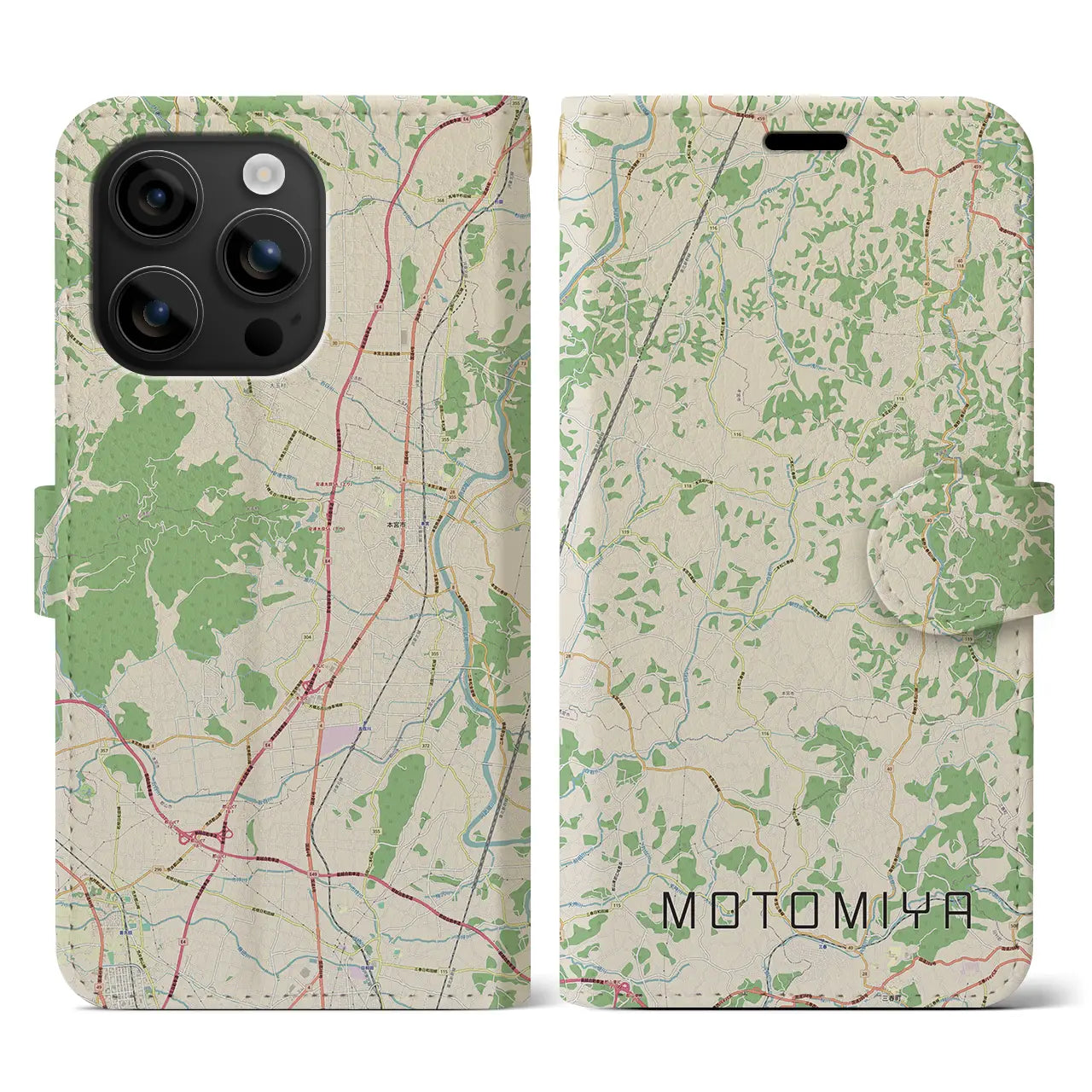【本宮(福島県)】地図柄iPhoneケース(手帳タイプ)ナチュラル・iPhone 16 用