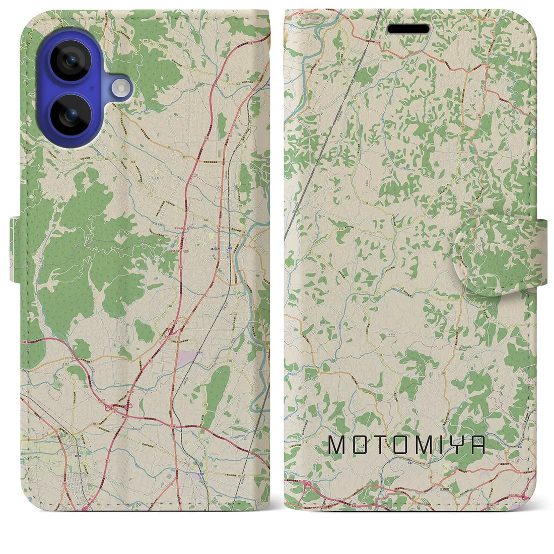 【本宮(福島県)】地図柄iPhoneケース(手帳タイプ)ナチュラル・iPhone 16 Pro Max 用