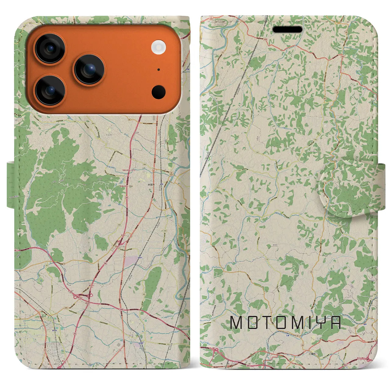 【本宮(福島県)】地図柄iPhoneケース(手帳タイプ)ナチュラル・iPhone 17 Pro Max 用