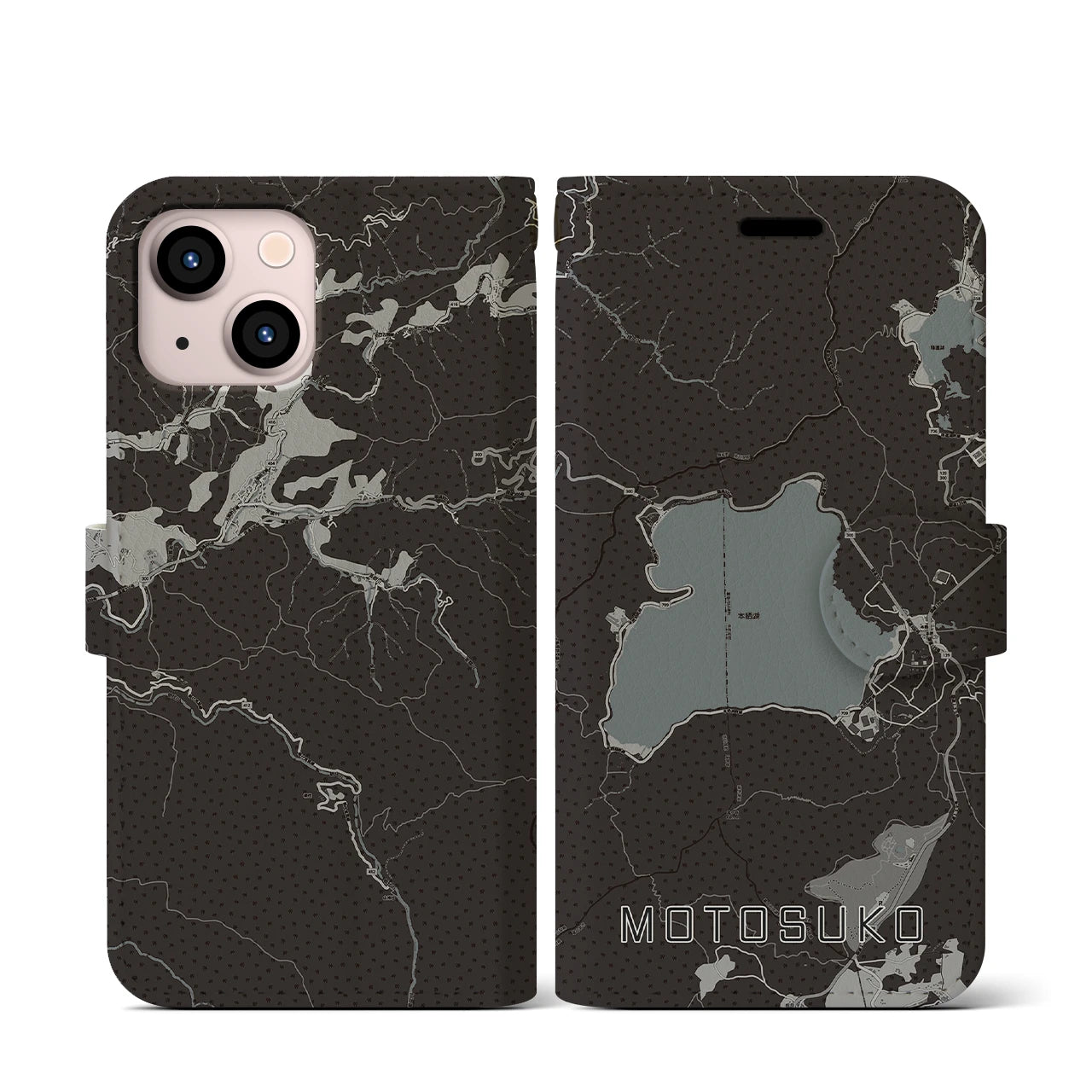 【本栖湖(山梨県)】地図柄iPhoneケース(手帳タイプ)モノトーン・iPhone 13 mini 用